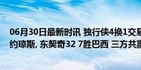 06月30日最新时讯 独行侠4换1交易达成! 欲追超级射手 续约琼斯, 东契奇32 7胜巴西 三方共赢哈达威离队