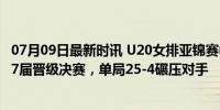 07月09日最新时讯 U20女排亚锦赛中国3-1击败韩国，连续7届晋级决赛，单局25-4碾压对手