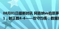 08月01日最新时讯 阿森纳vs伯恩茅斯全场数据：射门数9-11，射正数4-4——攻守均衡，数据揭示激烈对决