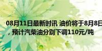 08月11日最新时讯 油价将于8月8日24时将进行新一轮调整，预计汽柴油分别下调110元/吨